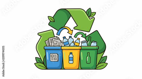 Green recycling symbol over colorful bins filled with recyclables