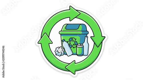 Green recycling symbol surrounds bin with plastic glass and can