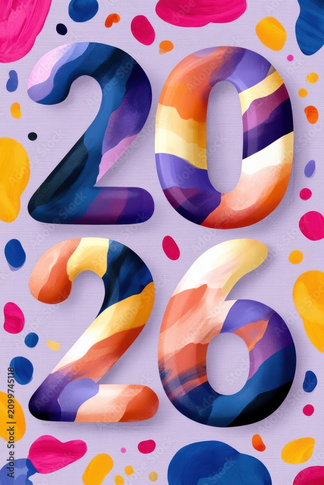 Fototapeta premium Colorful 2026 number typography with vibrant paint strokes for New Year celebration and party design