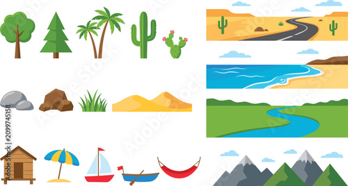 Canvastavla Nature Landscape Header Banner and Environment Asset Icon Set with Desert Highwa