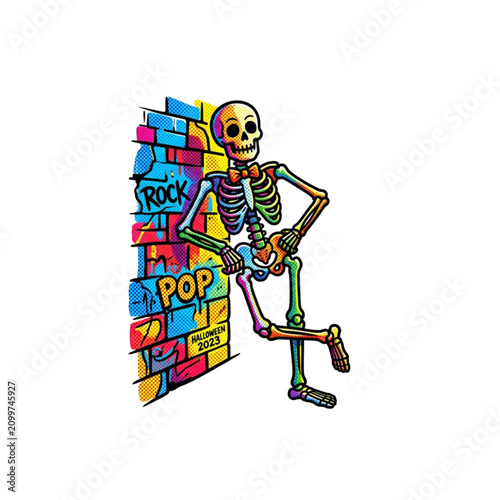 Skeleton prop leaning against a colorful wall with graffiti design  