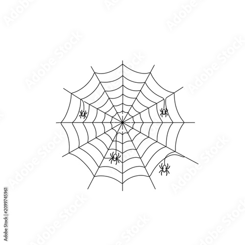 Spider web with plastic spiders in simple black outline design  