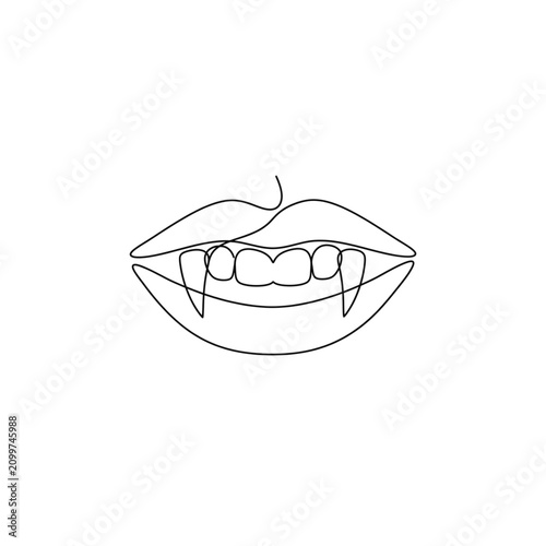 Vampire fangs on a person's mouth in minimal line art style  