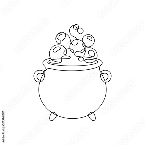 Cauldron with bubbling green liquid in line art illustration style  
