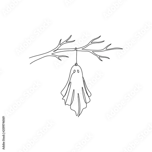 Ghost decoration hanging from a tree branch in simplistic style  