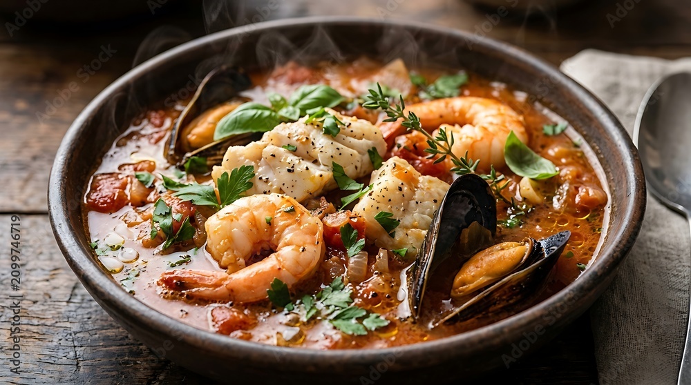 Fototapeta premium Fresh seafood stew with shrimp fish and mussels in a bowl on a dark wooden table. brudet
