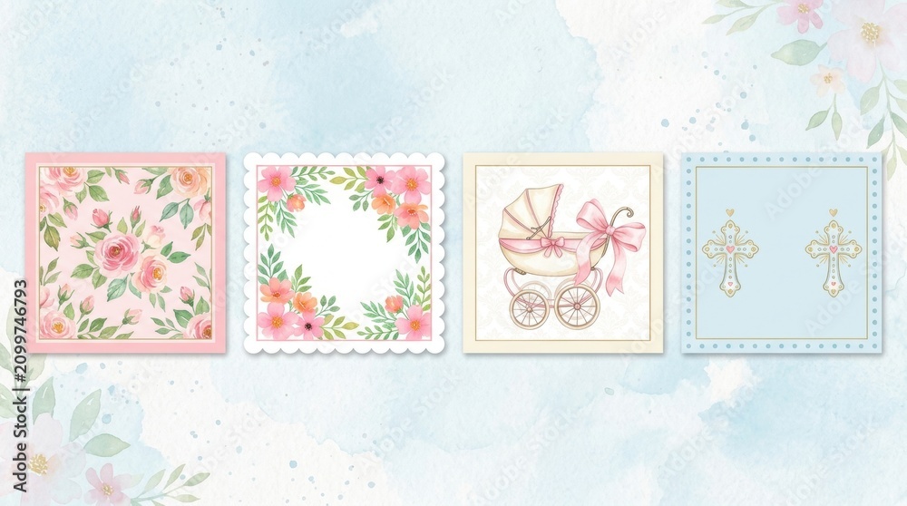 Obraz premium Pink Floral, White Flowers, Baby Carriage, Crosses in A set of cute watercolor templates for Baptism