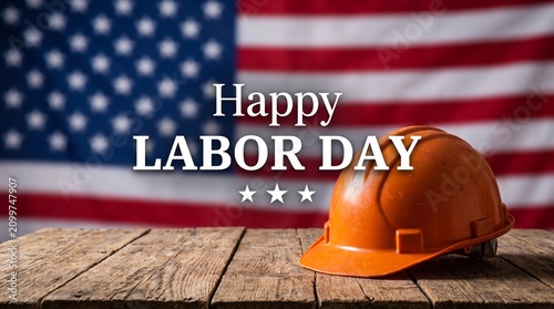 Labor Day Orange safety hard hat on wooden table with blurred American flag in background for Labor Day worker appreciation