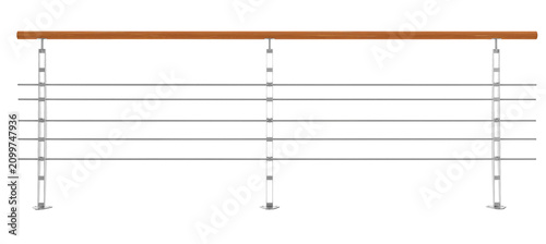 front elevation orthographic 3d render of a sleek stainless steel wire balustrade with a straight wooden handrail and metal tension cables designed for modern architectural construction