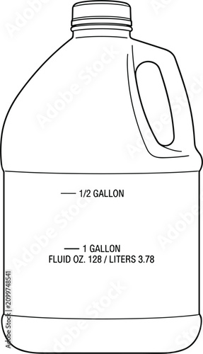 One gallon plastic jug bottle container vector line art illustration featuring measurement volume lines for liquid storage packaging