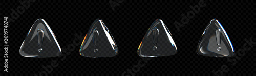 Quadro su tela Set of four glossy 3D glass warning exclamation mark icons in rounded triangles on a transparent grid background with realistic refraction and chromatic aberration effects