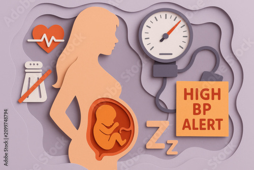 Pregnant woman silhouette with fetus, high blood pressure alert gauge, maternal health warning, hypertension risk during pregnancy concept