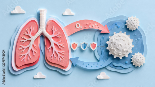 Paper cut lung and immune system interaction with coral pink organ, soft blue background, oxygen flow arrows, white blood cell shape, and shield icon symbol