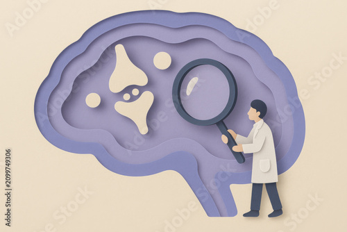 Paper cut scientist examining brain cross section with magnifying glass, exploring neurotransmitter and neural pathway in layered purple illustration