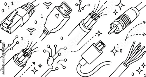 Fotografie Computer network cable and connector line art vector icon set with ethernet hdmi
