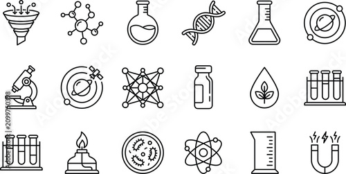 Laboratory science research icon set with flask microscope dna planet orbit burner petri dish line art vector elements