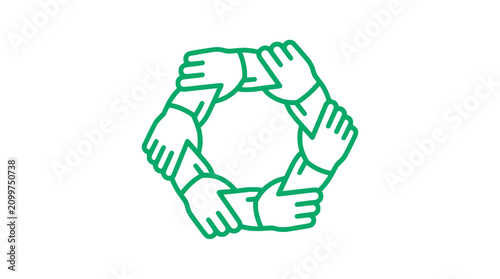 Teamwork unity symbol, abstract hexagonal arrangement of linked hands, green outline, white background