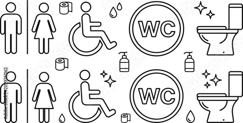 Bild auf Leinwand Public restroom icon set with male female wheelchair accessible wc signage toile