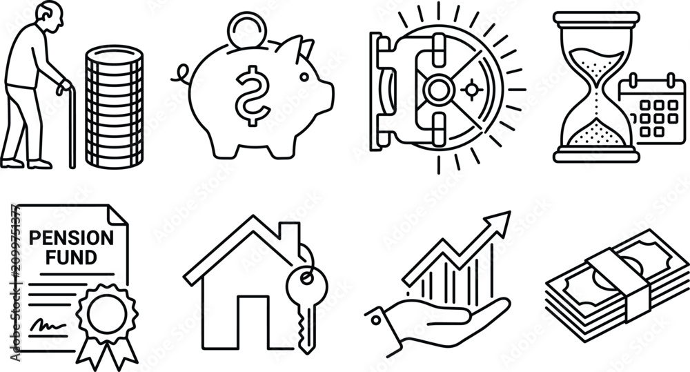 Fototapeta premium Retirement pension fund line icon set with elderly man piggy bank house key money safe hourglass and graph