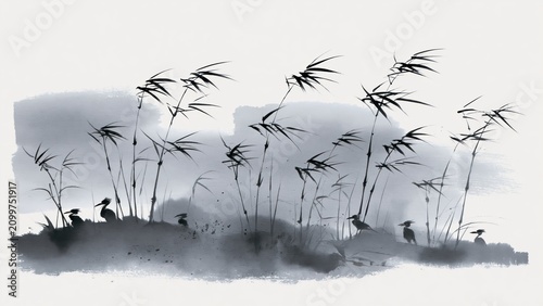Traditional Chinese ink wash painting of bamboo and birds near water.