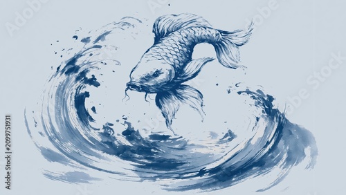 Blue ink wash painting of koi fish jumping out of stylized wave.