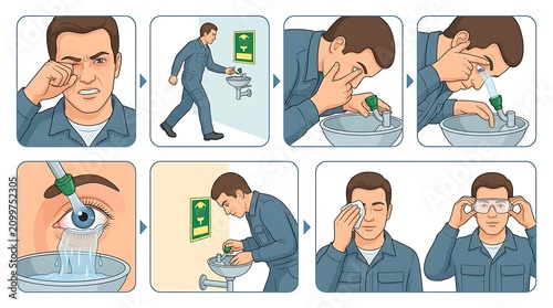 Emergency eye wash station instructions. Worker using safety equipment for eye injury.