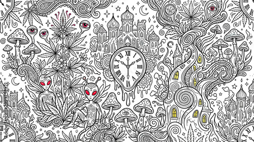 Bild auf Leinwand Psychedelic Alien Mushroom Forest with Melting Clock and Eyes