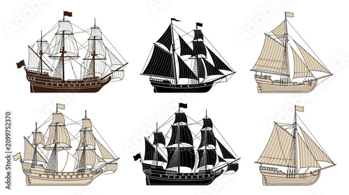 Bilde på lerret Vintage Sailing Ships Collection: Illustrations of Old Galleons and Sailboats