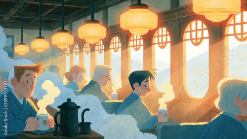 Passengers sitting inside warm sunlit train car drinking coffee while steam fills the air.