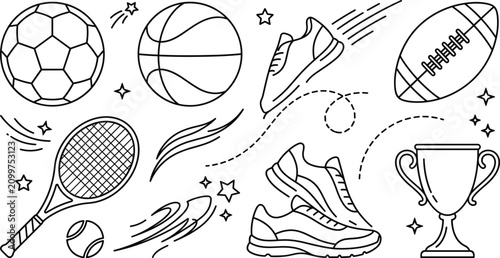 Tableau sur toile Sports and active fitness line art vector concept banner with soccer basketball