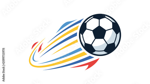 Dynamic soccer ball with colorful motion trails.