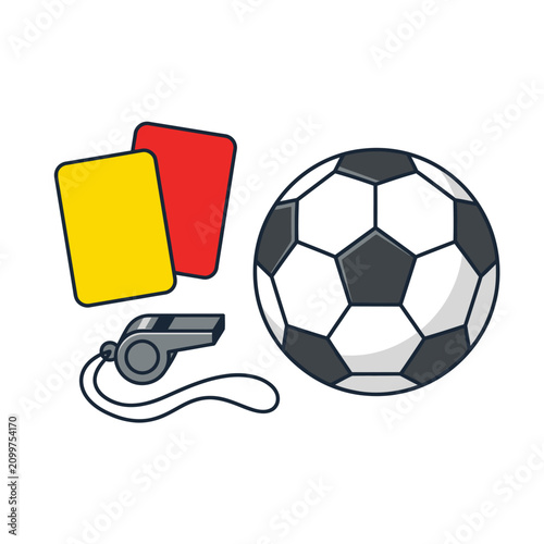 Schilderij op canvas Soccer ball with referee cards and whistle illustration.