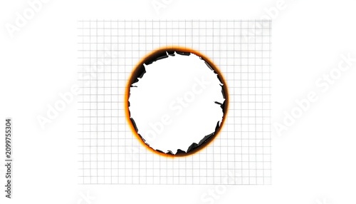 Circular burnt hole on white graph paper with charred edges creating a minimalist high contrast conceptual texture