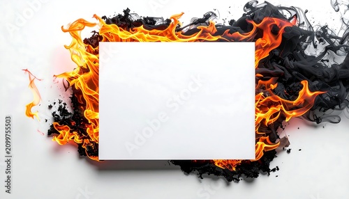Blank white paper frame surrounded by vibrant orange fire and black smoke on clean white background