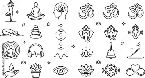 Fotografie Yoga meditation line art vector icon set with om symbol ganesha lotus chakra min
