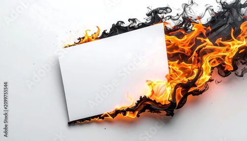 Empty white paper frame engulfed in bright orange flames with swirling black smoke on a minimal background