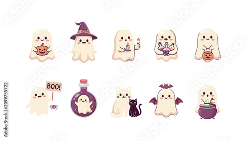 Foto Cute Halloween ghost character vector set featuring kawaii spooky phantoms with pumpkins witches hat bats potion bottles cats and cauldron stickers