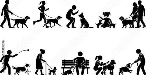 Obraz na płótnie Dog Owner and Pet Care Silhouette Icon Set Featuring Walking, Jogging, Training,