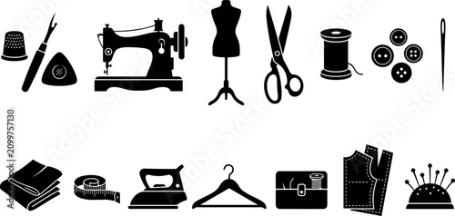 Foto Sewing and Dressmaking Silhouette Icon Set Featuring Electric Sewing Machine, Ma