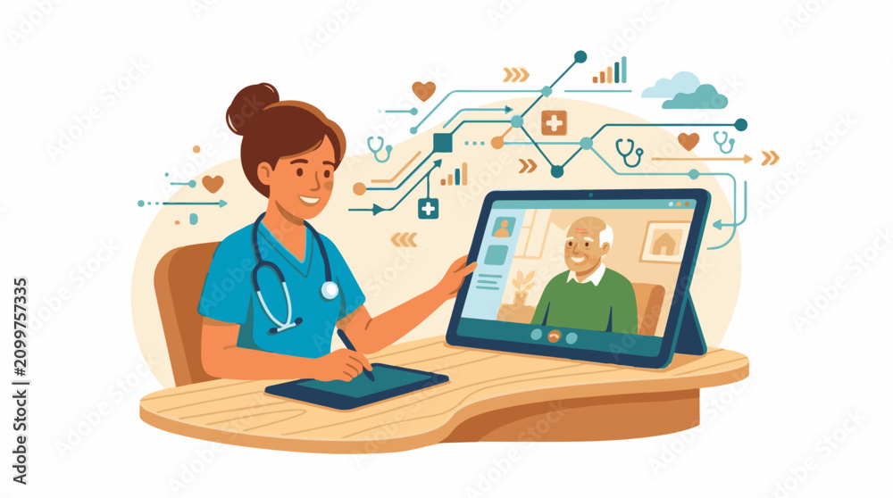 Fototapeta premium Nurse using tablet for telehealth consult with an elderly patient