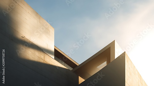 Minimalist architectural design with geometric concrete structures and soft sunlight.