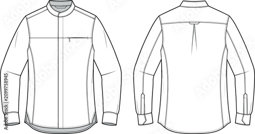 Mens Band Collar Long Sleeve Shirt Technical Flat Sketch Front and Back Apparel Vector Template
