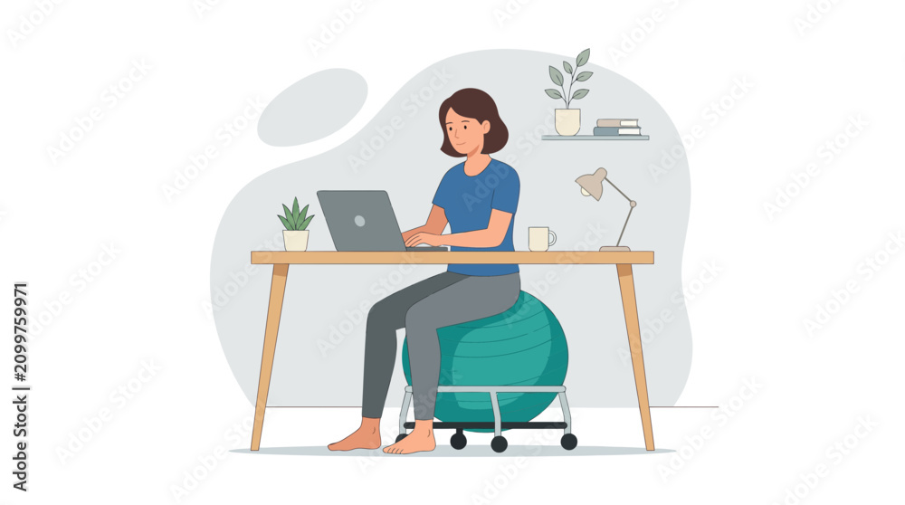 Fototapeta premium Woman working on laptop while sitting on an exercise ball chair at home office desk