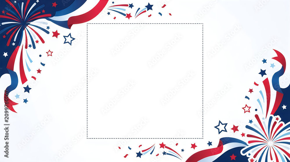 Fototapeta premium Patriotic frame with fireworks and stars for social media posts on fourth of july holiday