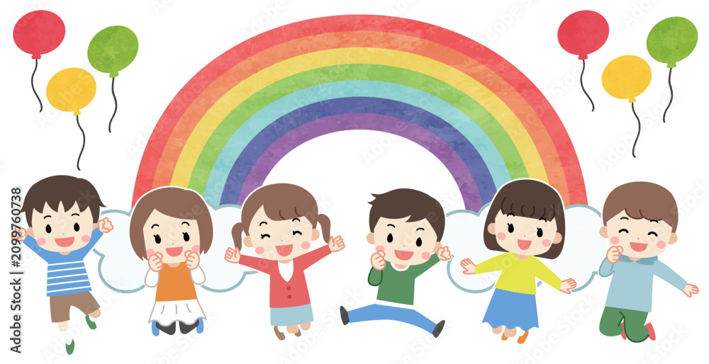 Fototapeta premium ジャンプするかわいい子供たちと虹のイラスト