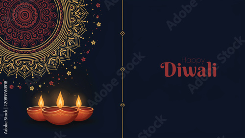Happy diwali festive indian lamps and mandala design for celebrations