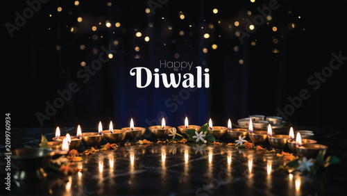 Happy diwali illuminated clay lamps and festive decorations for indian new year