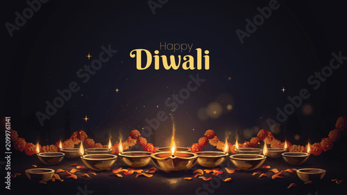 Happy diwali illuminated diyas and floral garland festive celebration