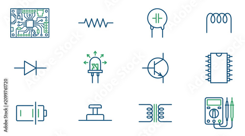 Canvastavla Clean Icons of Electronic Components and Circuit Elements in Blue and Green Line