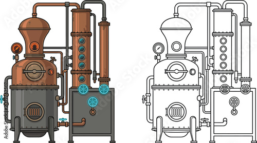 Εκτύπωση καμβά Copper distillation apparatus industrial equipment for alcohol production vector